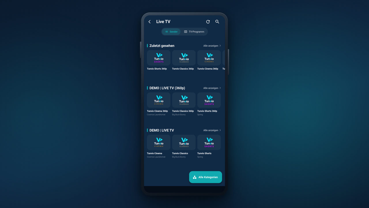 Tunvio auf einem Android-Handy: Startseite mit Weiterschauen-Reihe und Covern