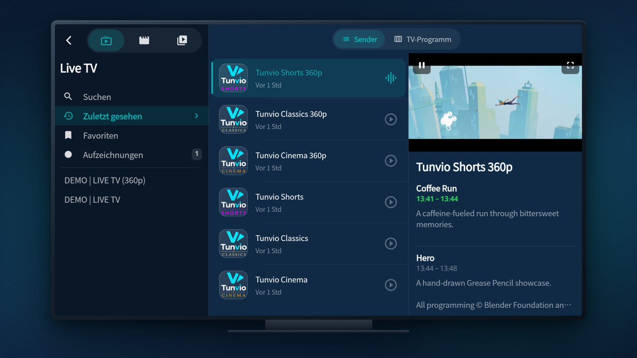 Tunvio als APK auf Android TV installiert: Live-TV mit Senderliste und Vorschaubild
