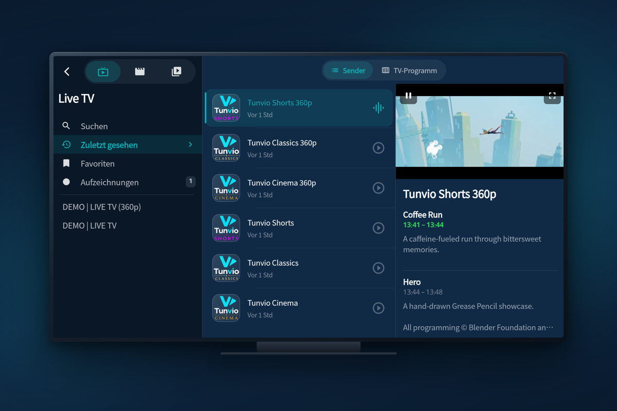 Tunvio auf Android TV: Live-TV mit Senderliste und Vorschau