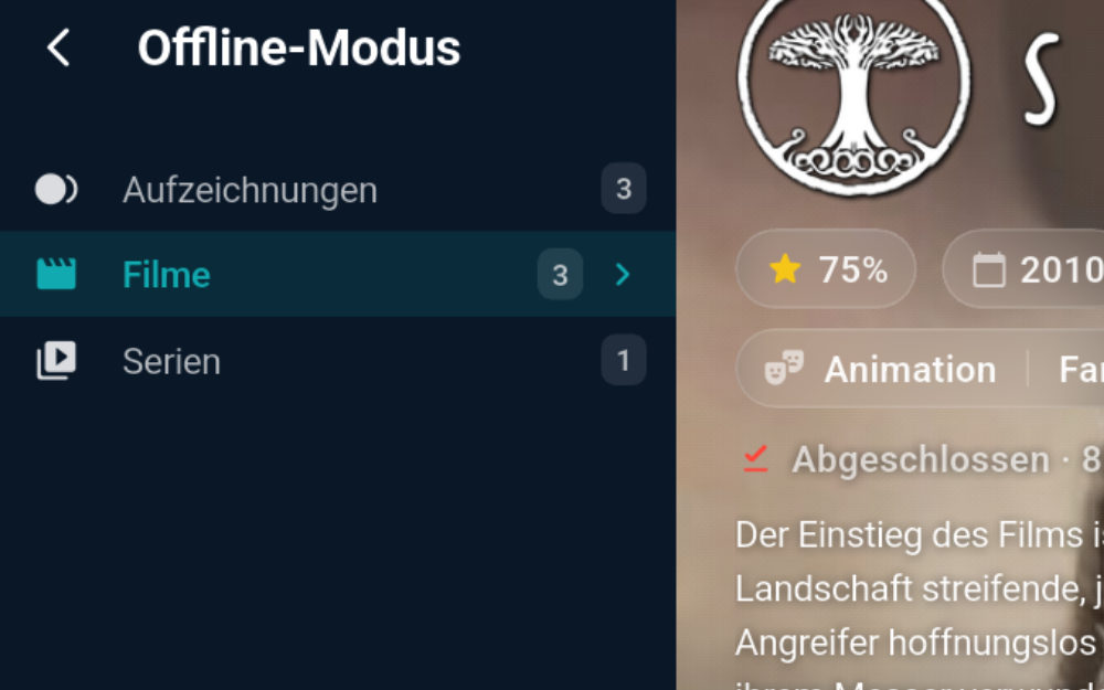 Zähler für Aufnahmen und Downloads mit ihrem Speicherverbrauch