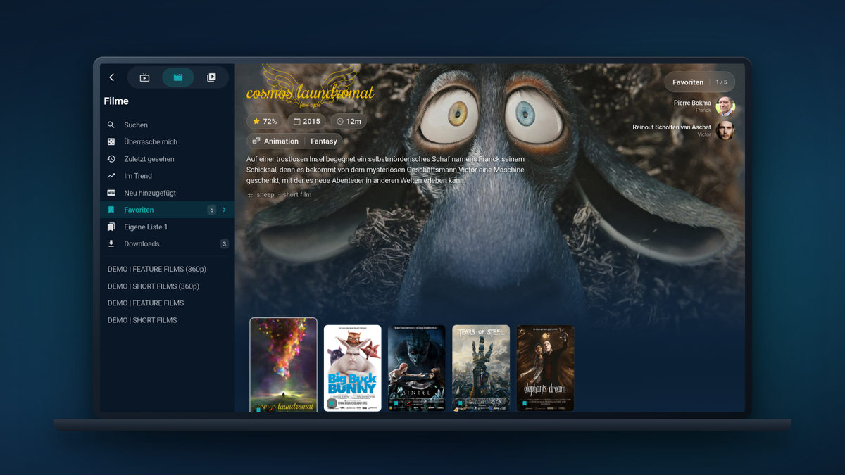 Die Tunvio-Filmmediathek auf einem Laptop: hervorgehobener Titel mit Coverreihen