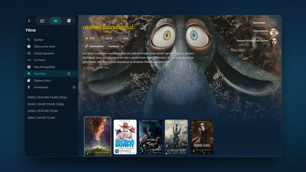 Filmmediathek mit großem Hintergrundbild, Bewertung, Genres und Cover-Reihe