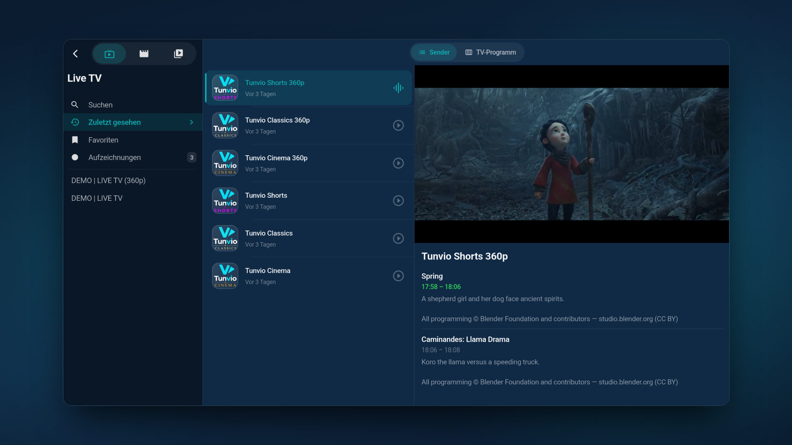 Tunvio Live-TV: Senderliste, Mini-Player und das laufende Programm