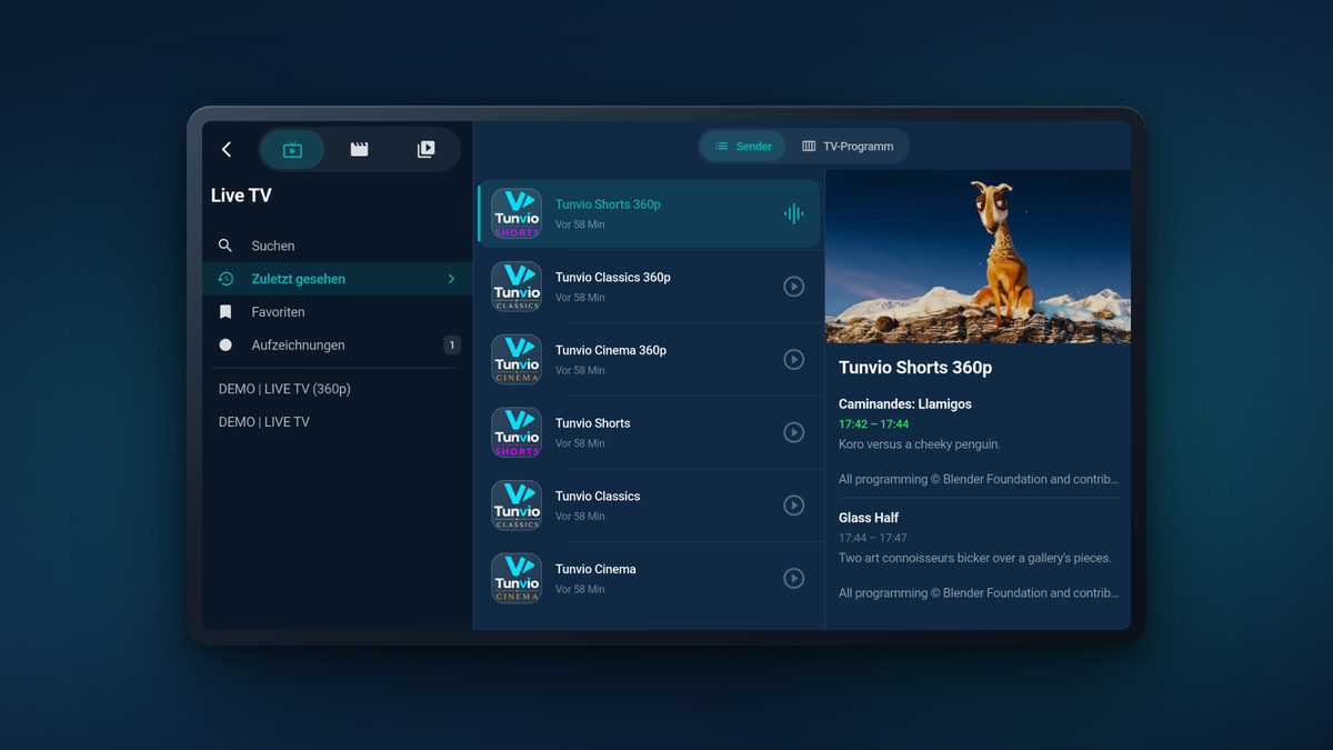Tunvio auf dem Tablet: Live-TV mit Senderliste