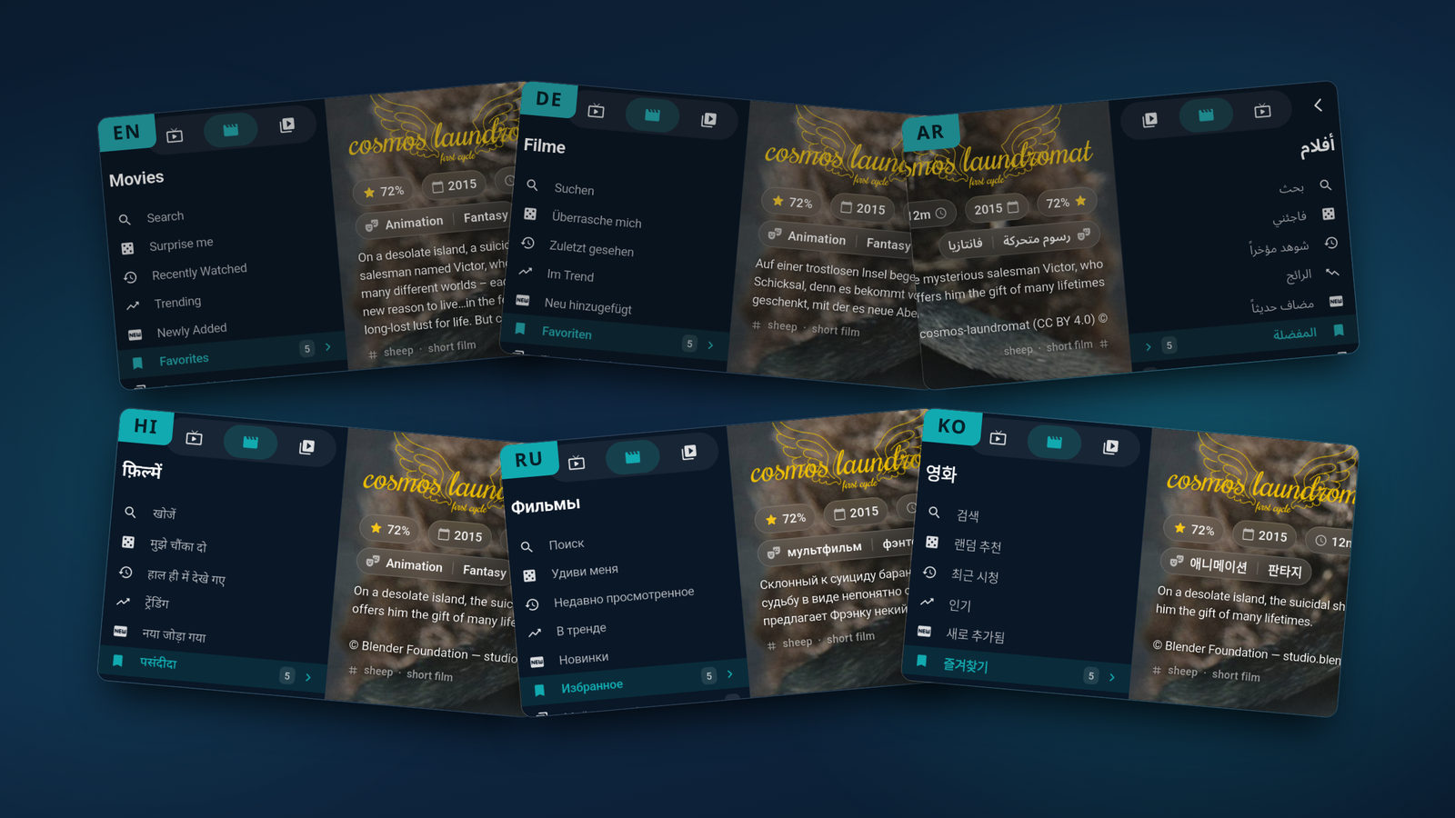 The Tunvio interface in six languages and five scripts side by side, including Arabic and Korean