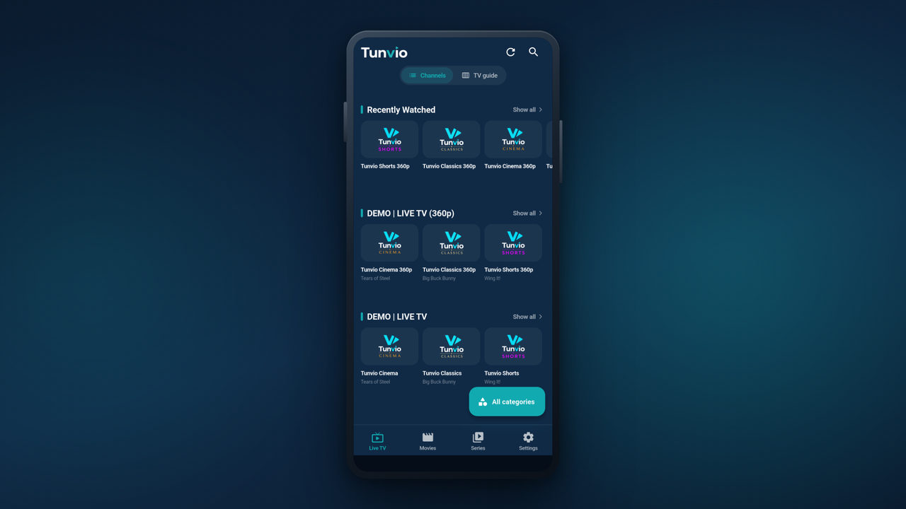 Tunvio on an Android phone: the home screen with the continue-watching row and posters