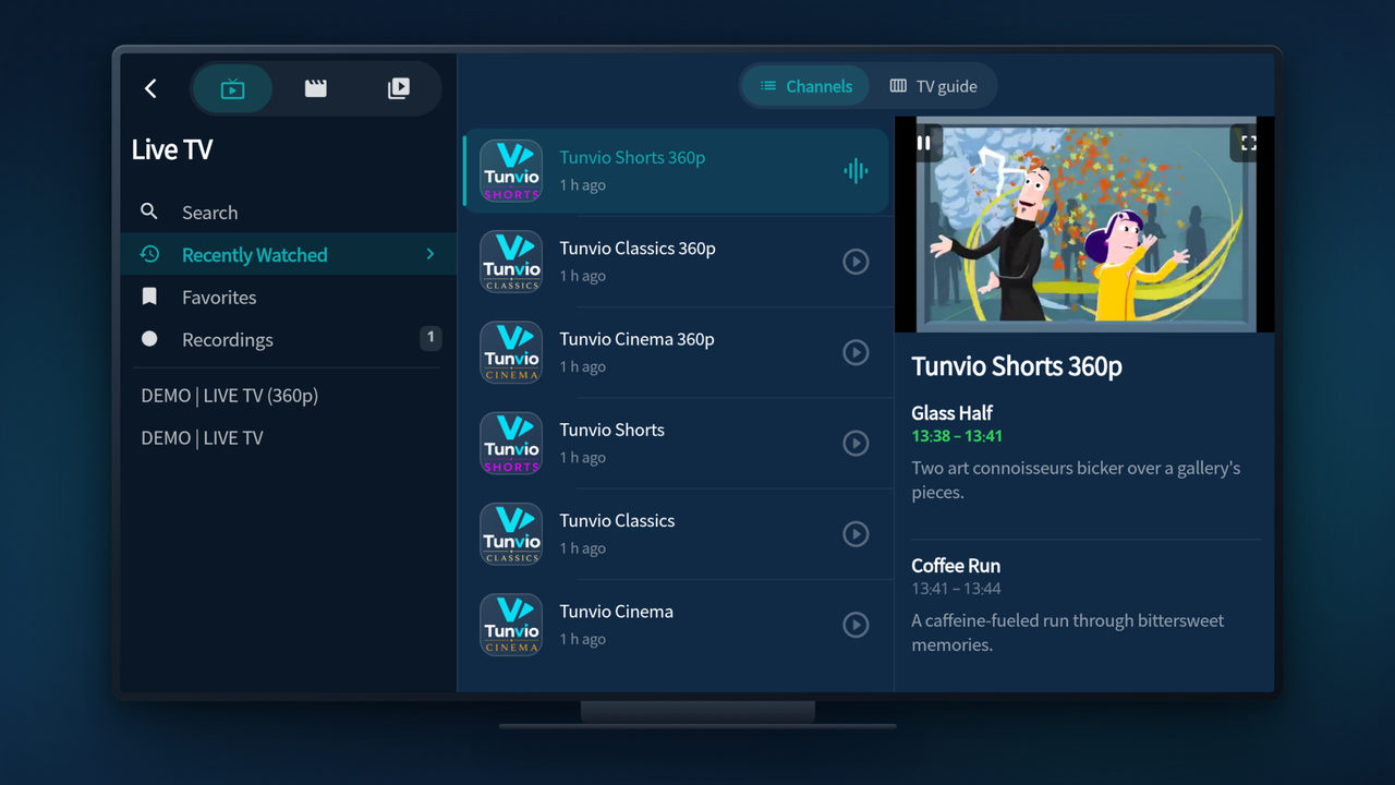 Tunvio installed from the APK on Android TV: live TV with the channel list and a preview