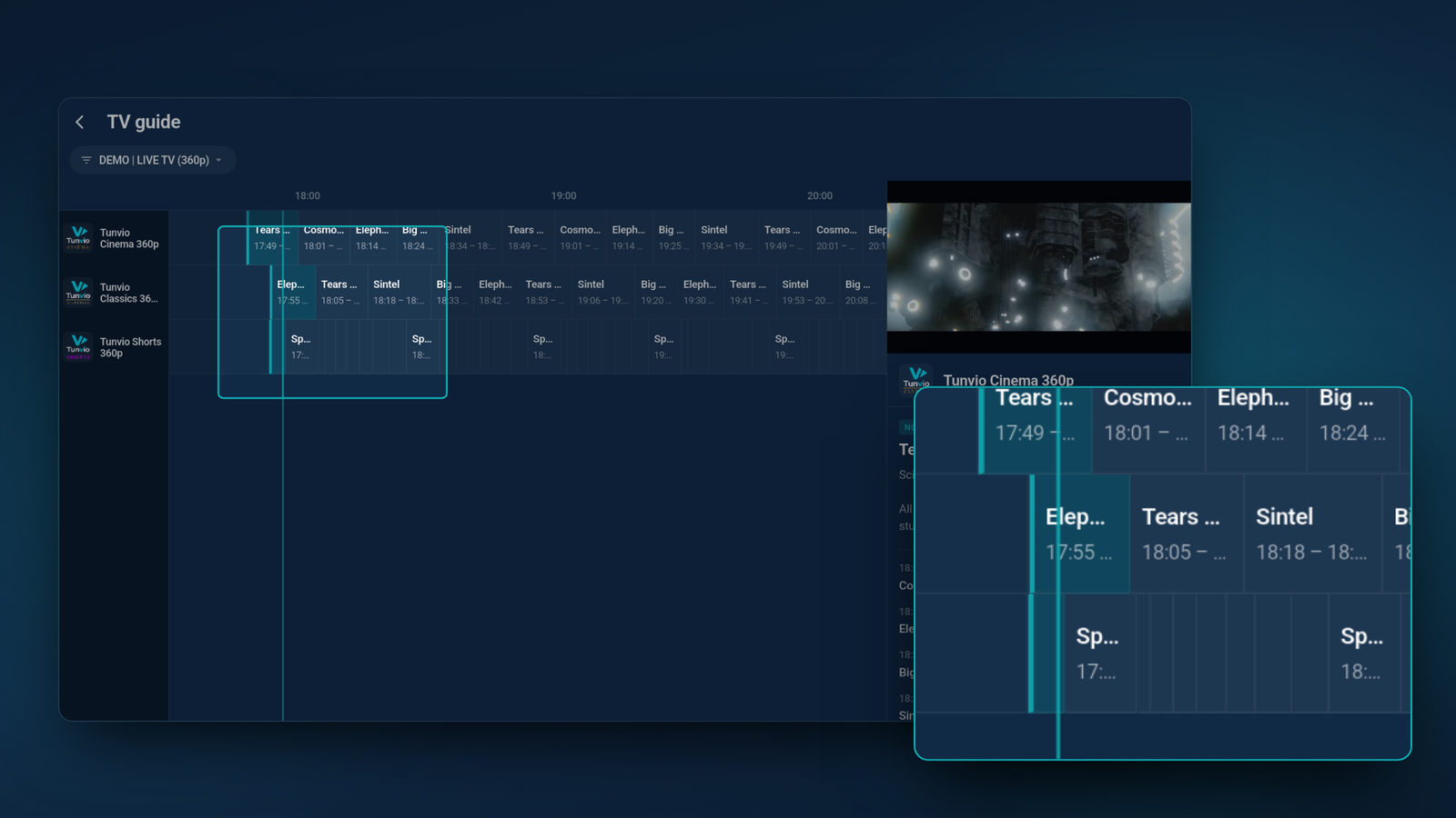 The full Tunvio TV guide with a close-up of the programme running now