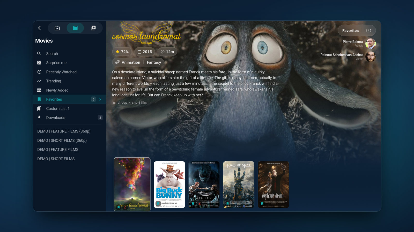 The Tunvio movie library: a featured title with poster rows underneath