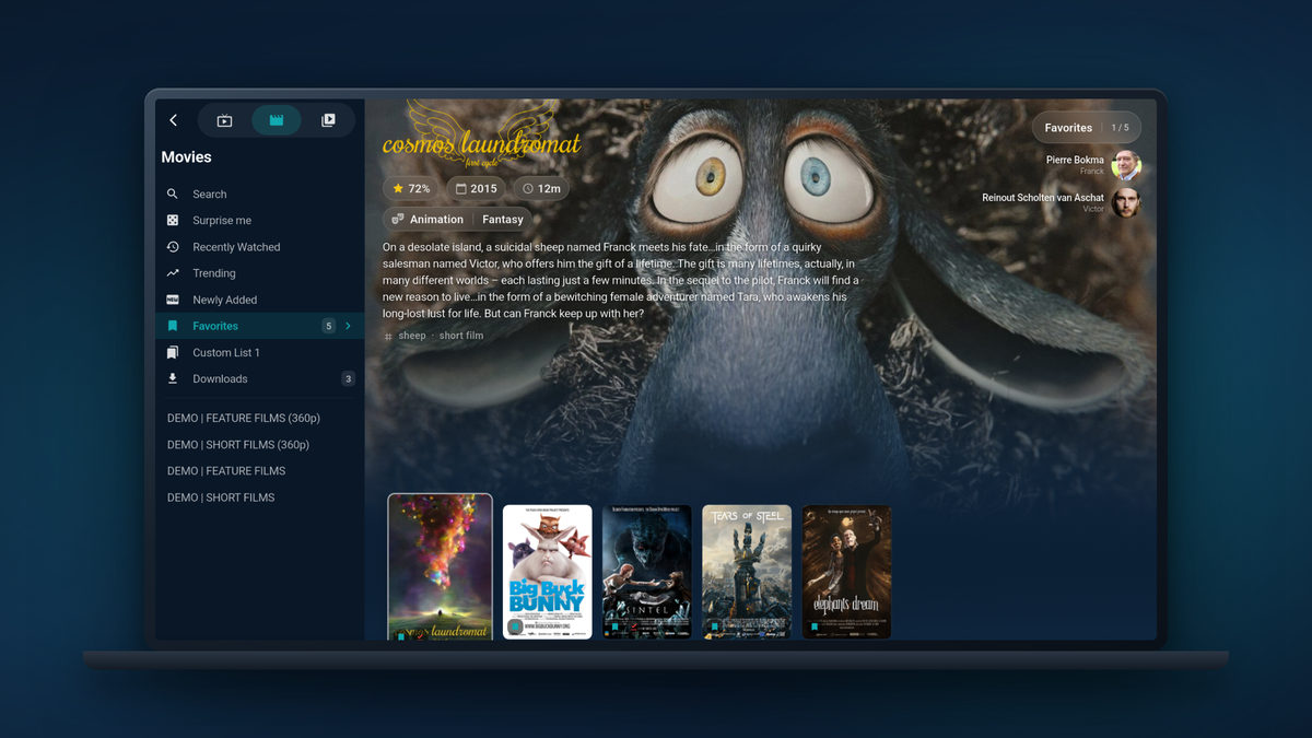 The Tunvio movie library on a laptop: a featured title with poster rows