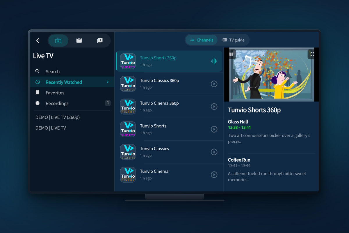 Tunvio on Android TV: live TV with channel list and preview