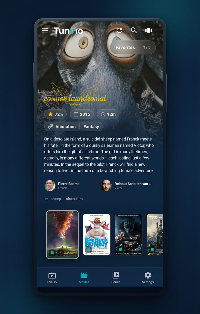Tunvio on a phone: a movie page with rating, plot and cast