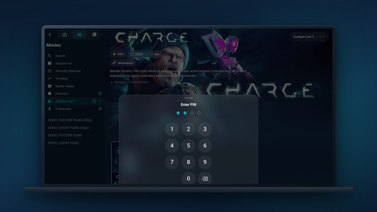 Tunvio parental controls on a laptop: a PIN pad in front of a locked category