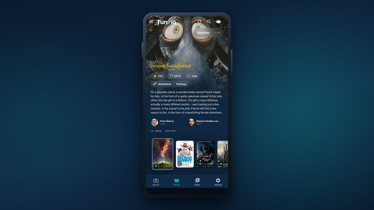 Tunvio on a phone: browsing movies with posters