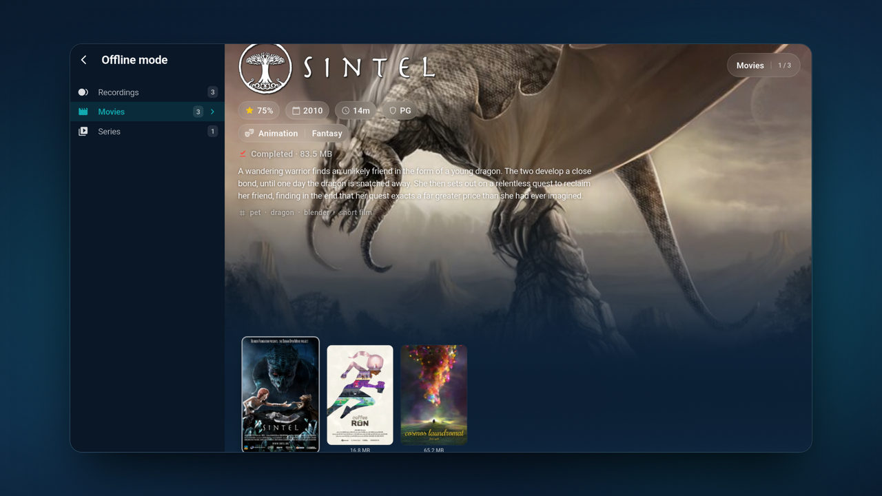 Offline mode: recordings and downloaded movies with file sizes
