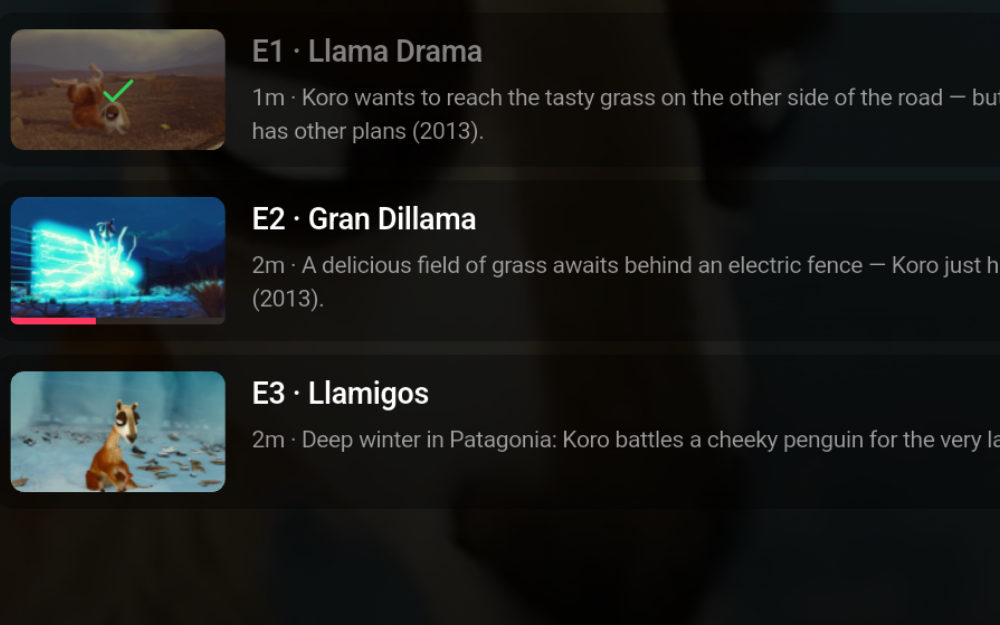 A resume bar above the episode list of a series