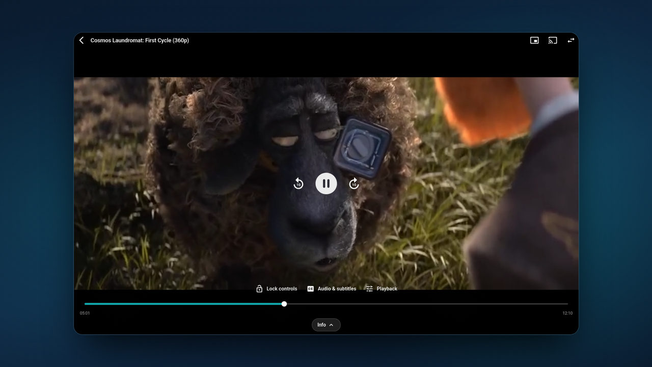 Tunvio player with playback controls, subtitle and audio menus