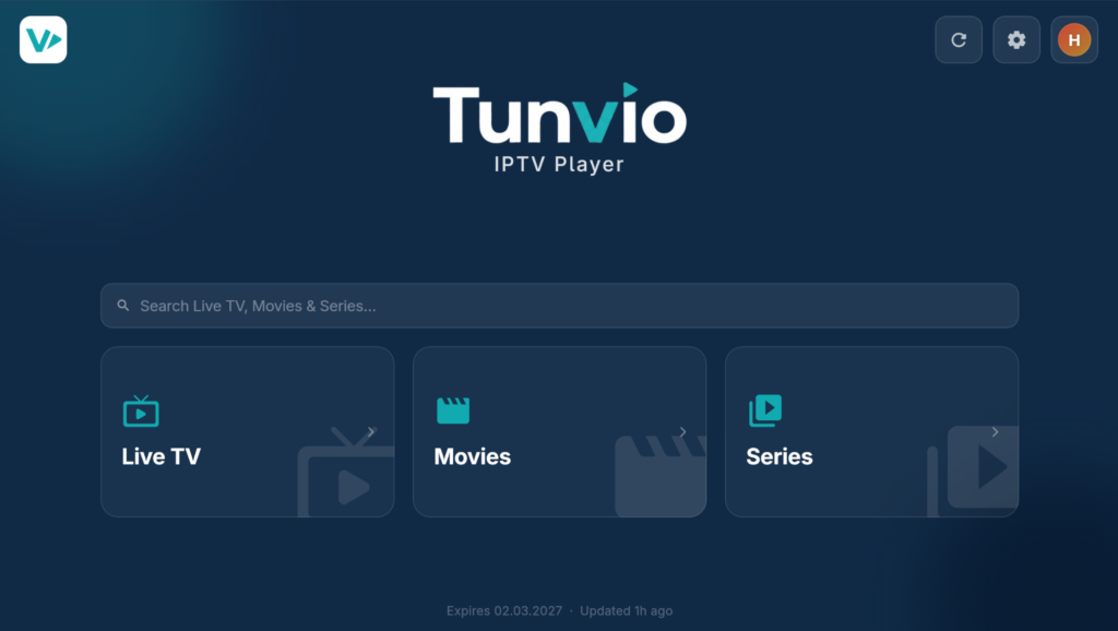 Tunvio dashboard with live TV, movies and series